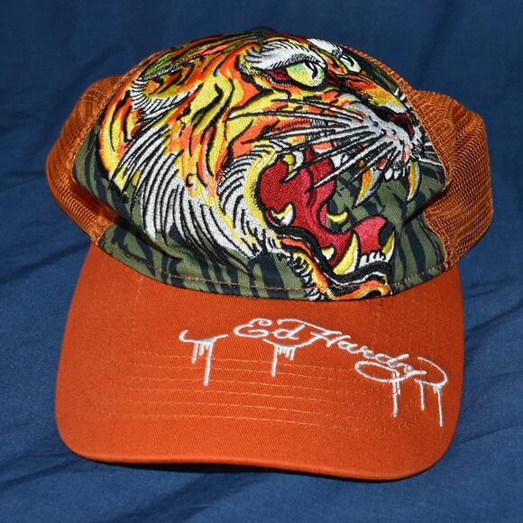 Ed Hardy Screaming Tiger Trucker Snapback Mesh Hat Baseball Cap Orange Y2K - Picture 3 of 10